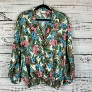 Womens VTG Lauren Lee V Neck Satin Band Waist Blue Pink Floral Button Up Top 20W